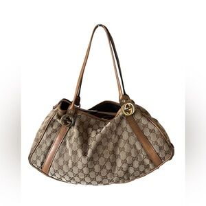 Gucci Beige Brown GG Canvas Shoulder Bag with Tan Trim